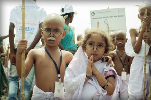 MOST PEOPLE DRESSED UP AS M K GANDHI