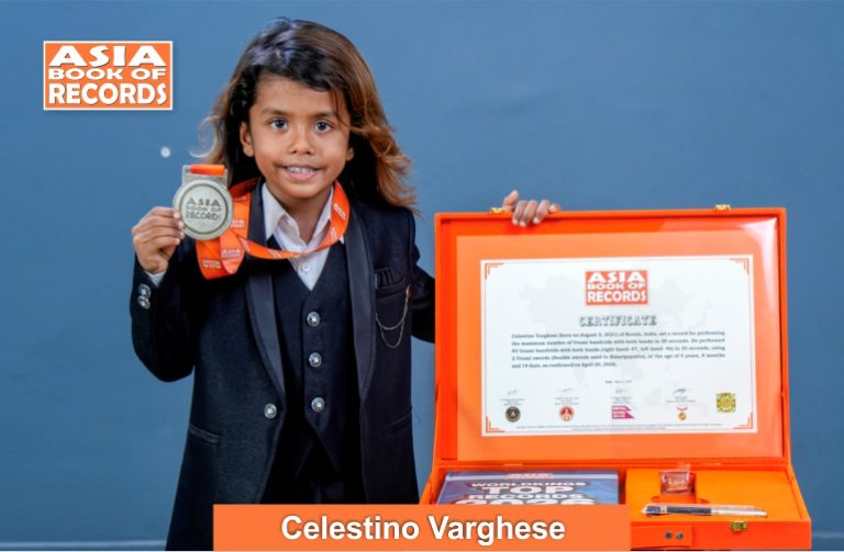 Maximum Urumi handrolls performed with both hands in 30 seconds by a kid Image of Clestino Varghese, Maximum Urumi handrolls performed with both hands in 30 seconds by a kid