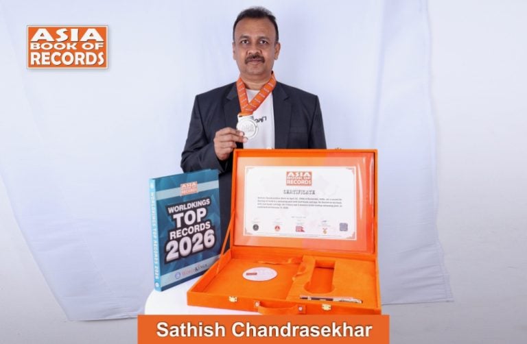 Image of Sathish Chandrasekhar, Longest duration to float on back in a swimming pool with tied hands and legs.