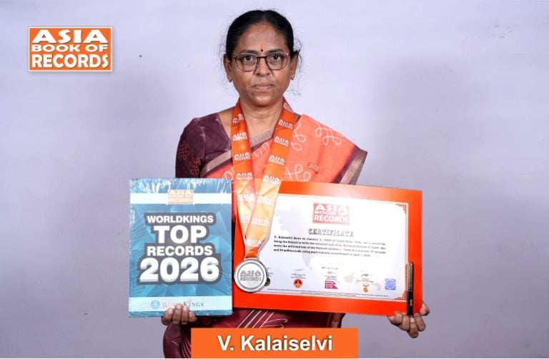 Fastest individual to write the mirrored text of the National Anthem in Tamil Image of V. Kalaiselvi, Fastest individual to write the mirrored text of the National Anthem in Tamil.