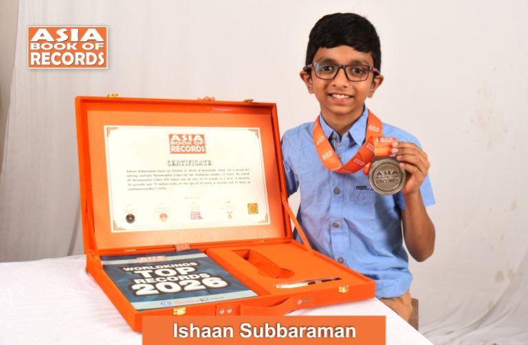 Pic of Ishaan Subbaraman, Maximum times multiple Pyramorphix Cubes solved by a child.