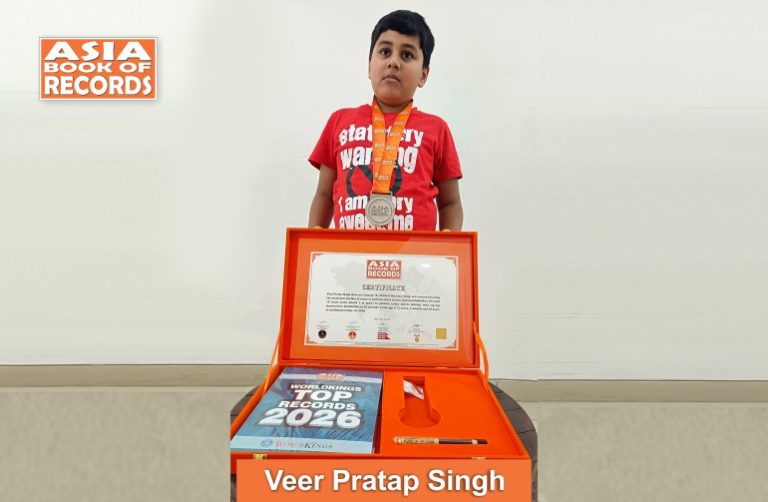 Image of Veer Pratap Singh, Maximum cones used to perform inline slalom skating blindfolded by a child.