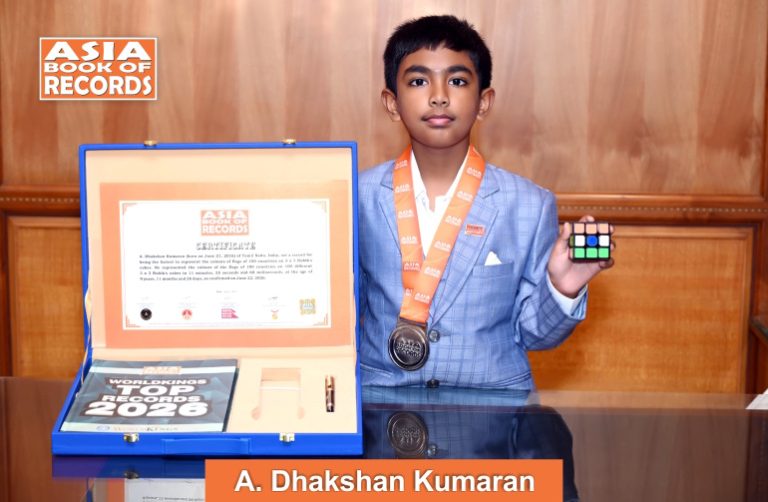 Fastest child to represent the colours of flags of 100 countries on 3 x 3 Rubik’s cubes Image of A dhakshan Kumaran, Fastest child to represent the colours of flags of 100 countries on 3 x 3 Rubik's cubes.
