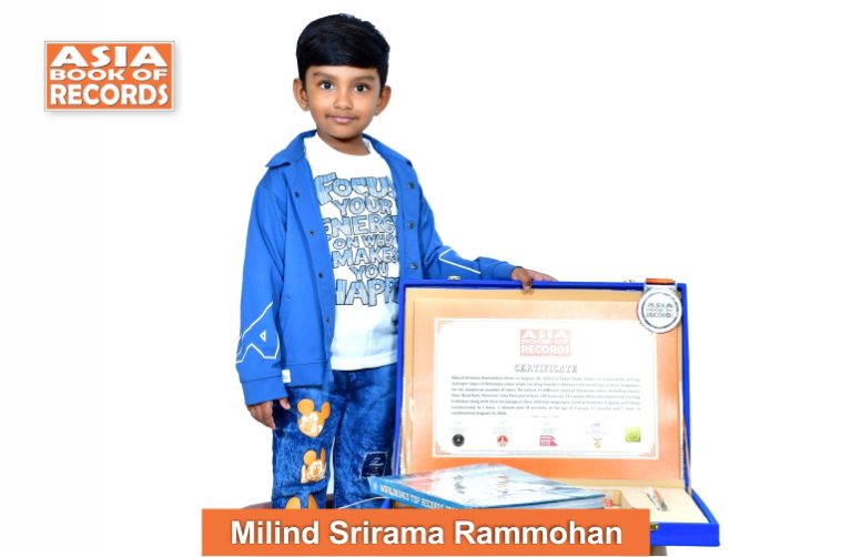 Pic of millind Srirama Rammohan, Maximum times multiple types of Pyraminx cubes solved while reciting Sanskrit shlokas with meanings in three languages.