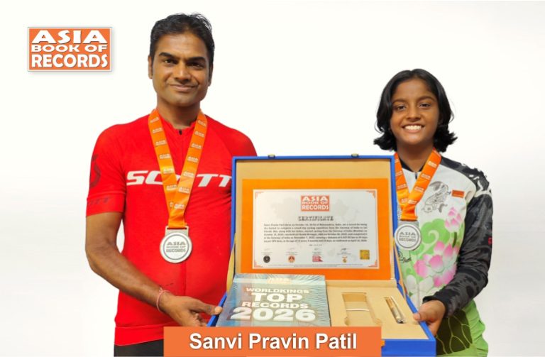 Fastest duo to complete a round-trip cycling expedition from the Gateway of India to Lal Chowk Image of Sanvi Pravin Patil, Fastest duo to complete a round-trip cycling expedition from the Gateway of India to Lal Chowk.
