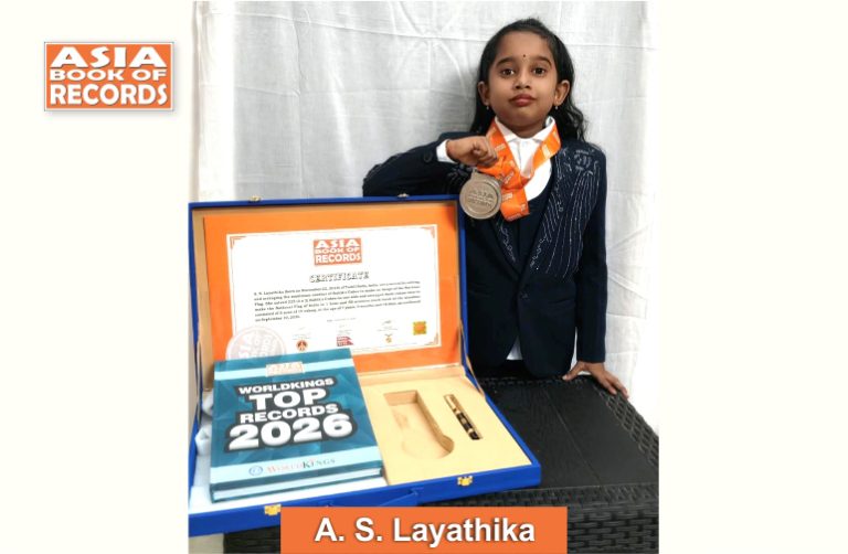 Pic of A S Layathika, Maximum Rubik’s Cubes solved and arranged by a child to make an image of the National Flag.